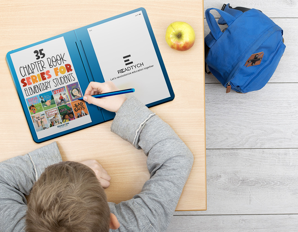 Student handwriting notes with a stylus on the READTYCH screen